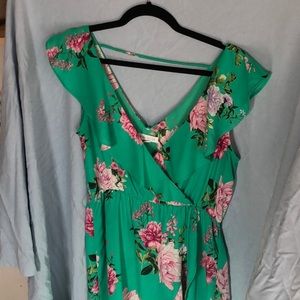 Flirty ruffle high low midi bright green and pink floral dress